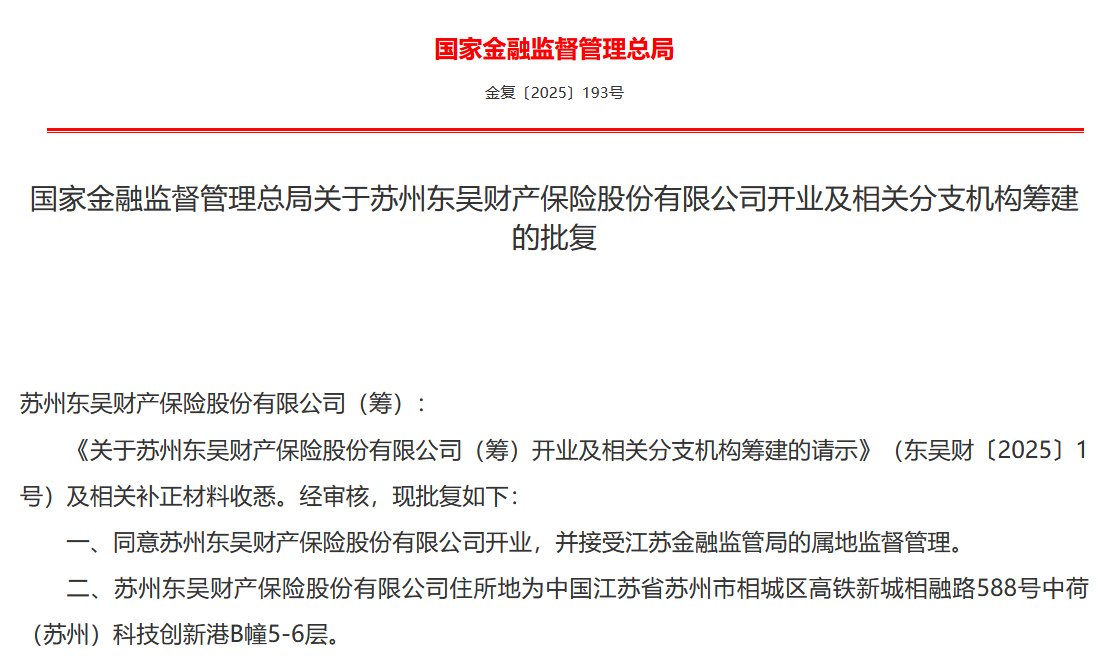 东吴财险获批开业：5家分行获批筹建，董事长、总经理任职资格获批